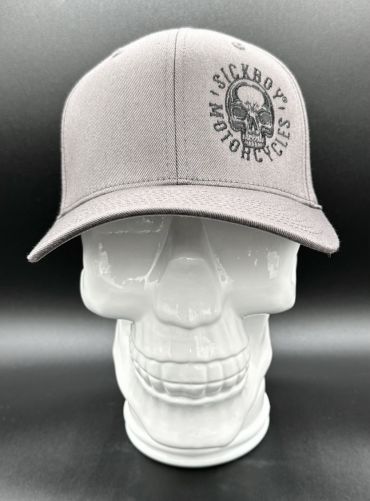 Grey Curved Black Skull Fitted Hat