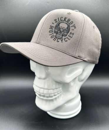 Grey Curved Black Skull Fitted Hat