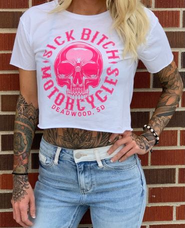 Ladies White Sick Bitch Crop Tee
