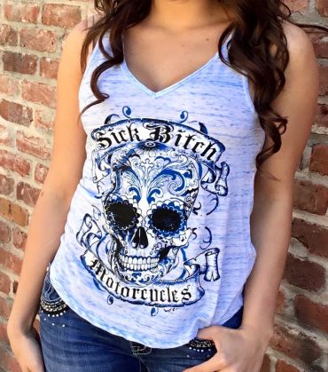 Sick Bitch Motorcycles Ladies blue v neck sugar skull tank
