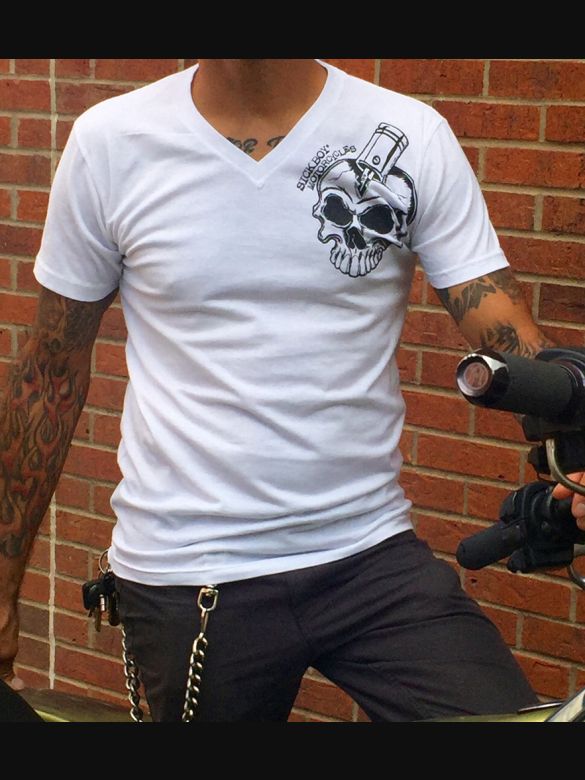 Sick Boy Motorcycles Men's White Skull With piston V-neck T-Shirt